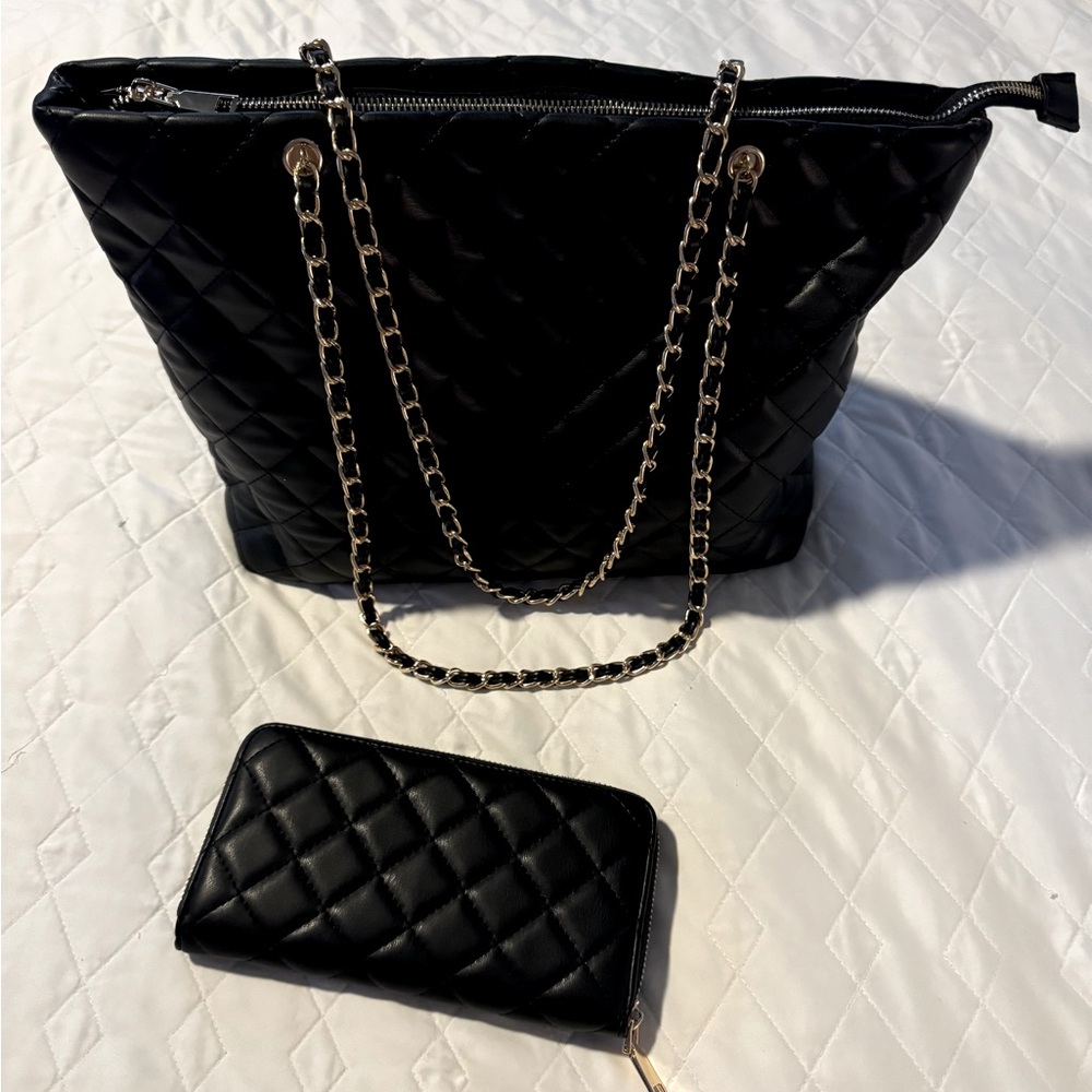 Black Tote with gold hardware with matching wallet